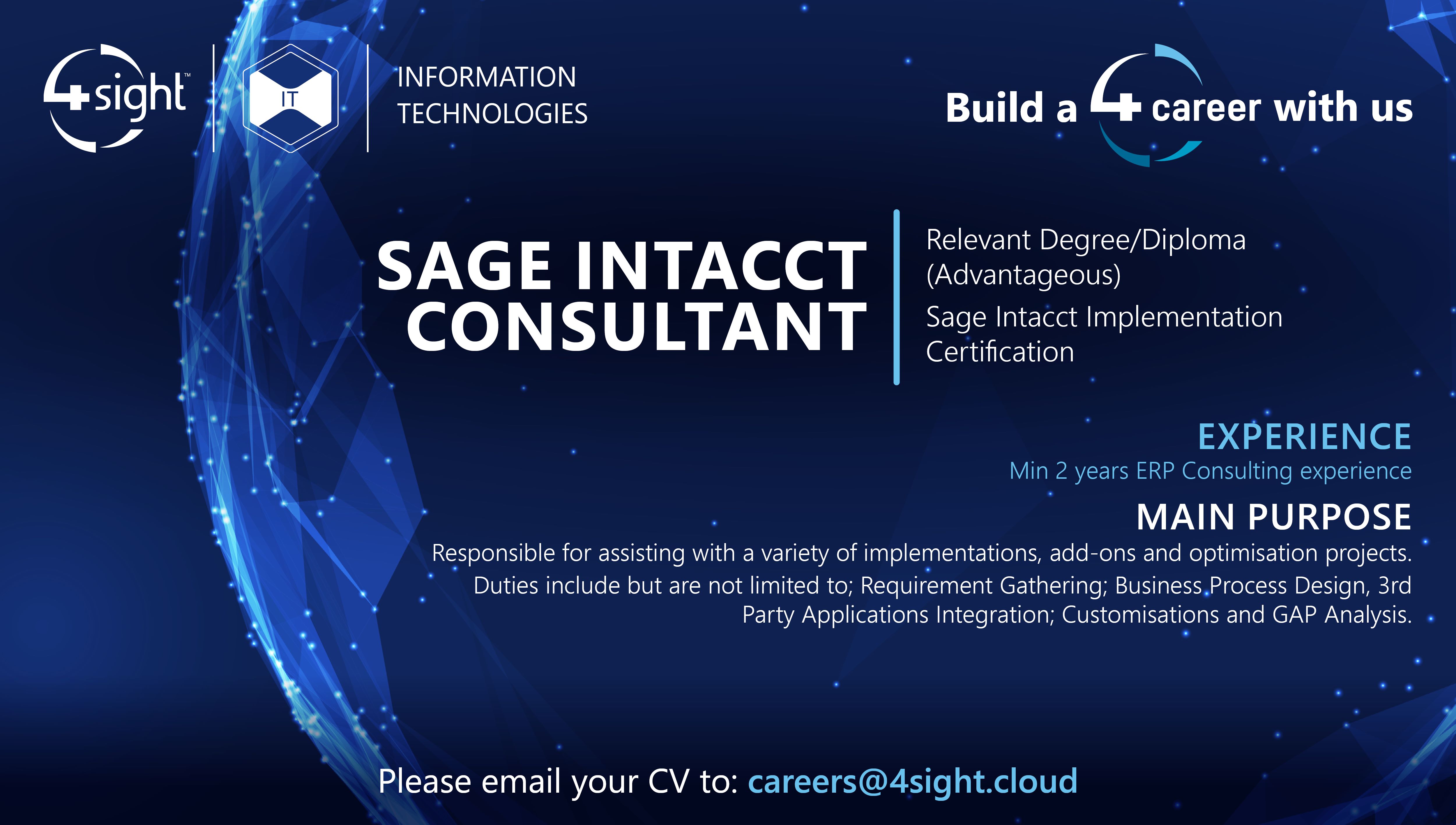 4Sight IT Sage Intacct Consultant Job Ad May2023