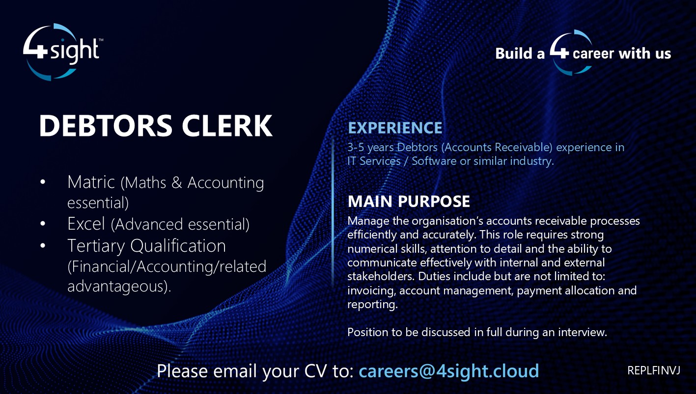 4Sight Debtors Clerk Vacancy ad Feb2026