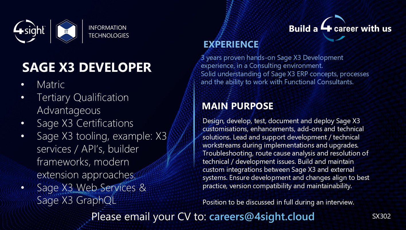 4Sight Sage X3 Developer Vacancy ad Feb2026