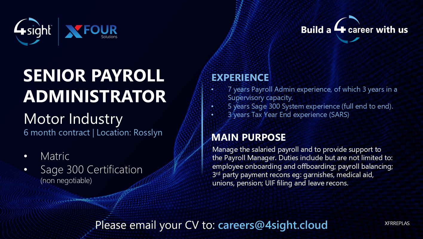 4Sight X4 Payroll Administrator Vacancy ad Mar2026